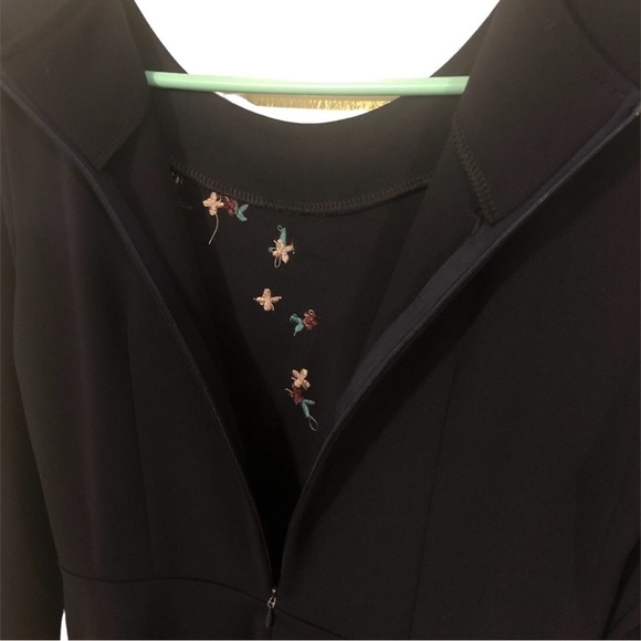 Embroidered Navy Flare Midi Dress Geese & Floral Design Long Sleeved Zip Back S - Picture 6 of 9